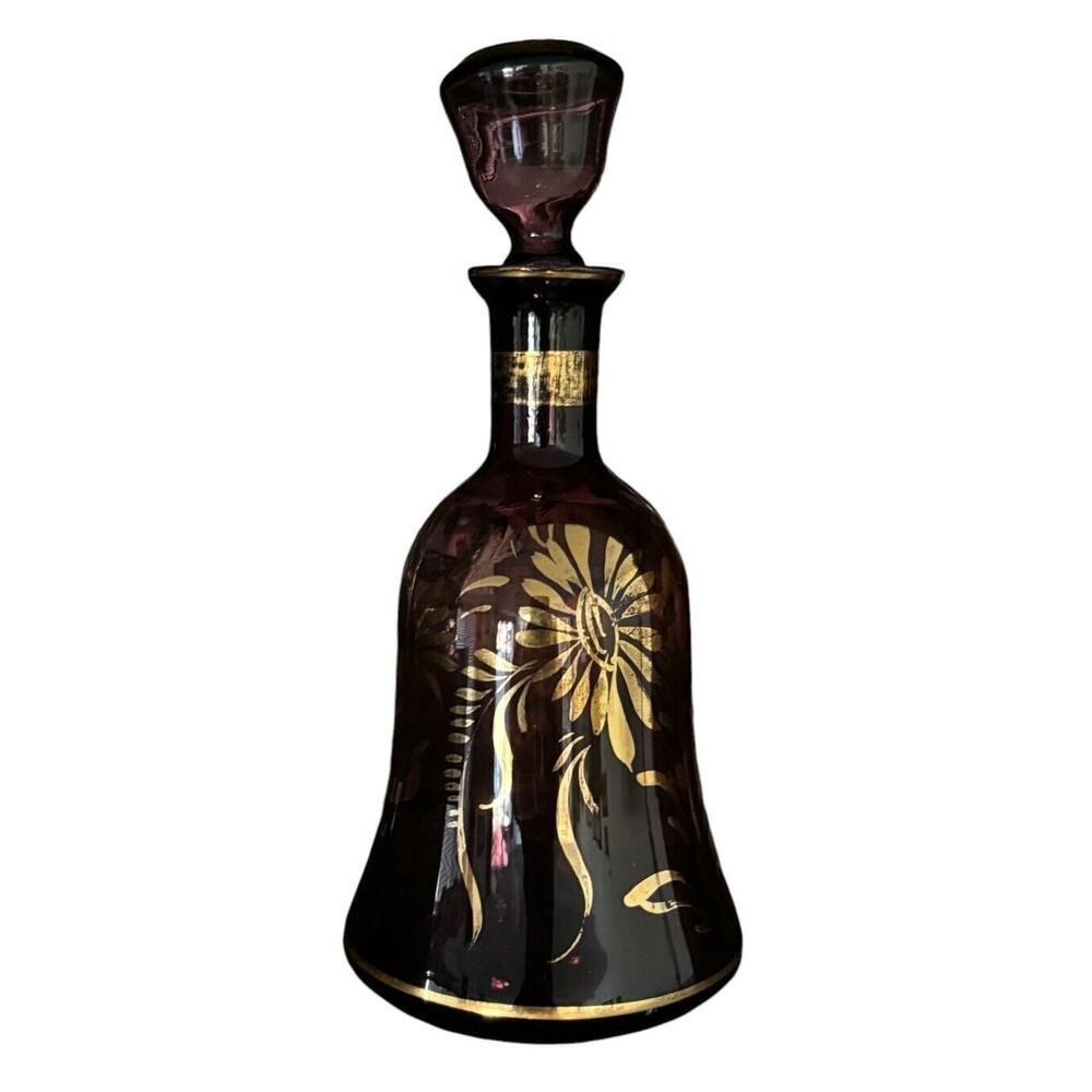 Italian Amethyst Purple Vintage Glass Decanter Bottle w/ Gold Trim & Stopper